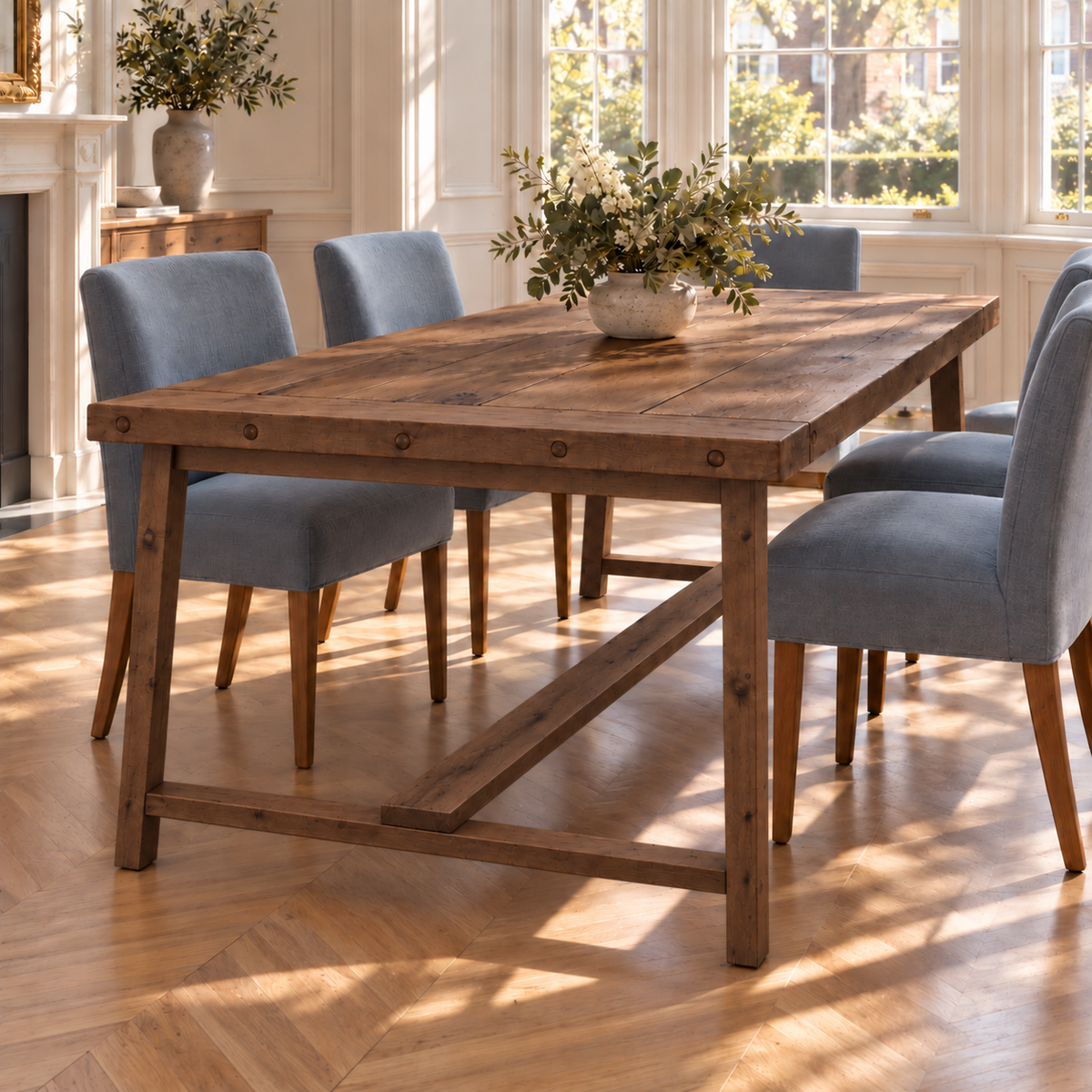 HELENA Walnut Colour Solid Wood Rustic Dining Table With Wooden Legs