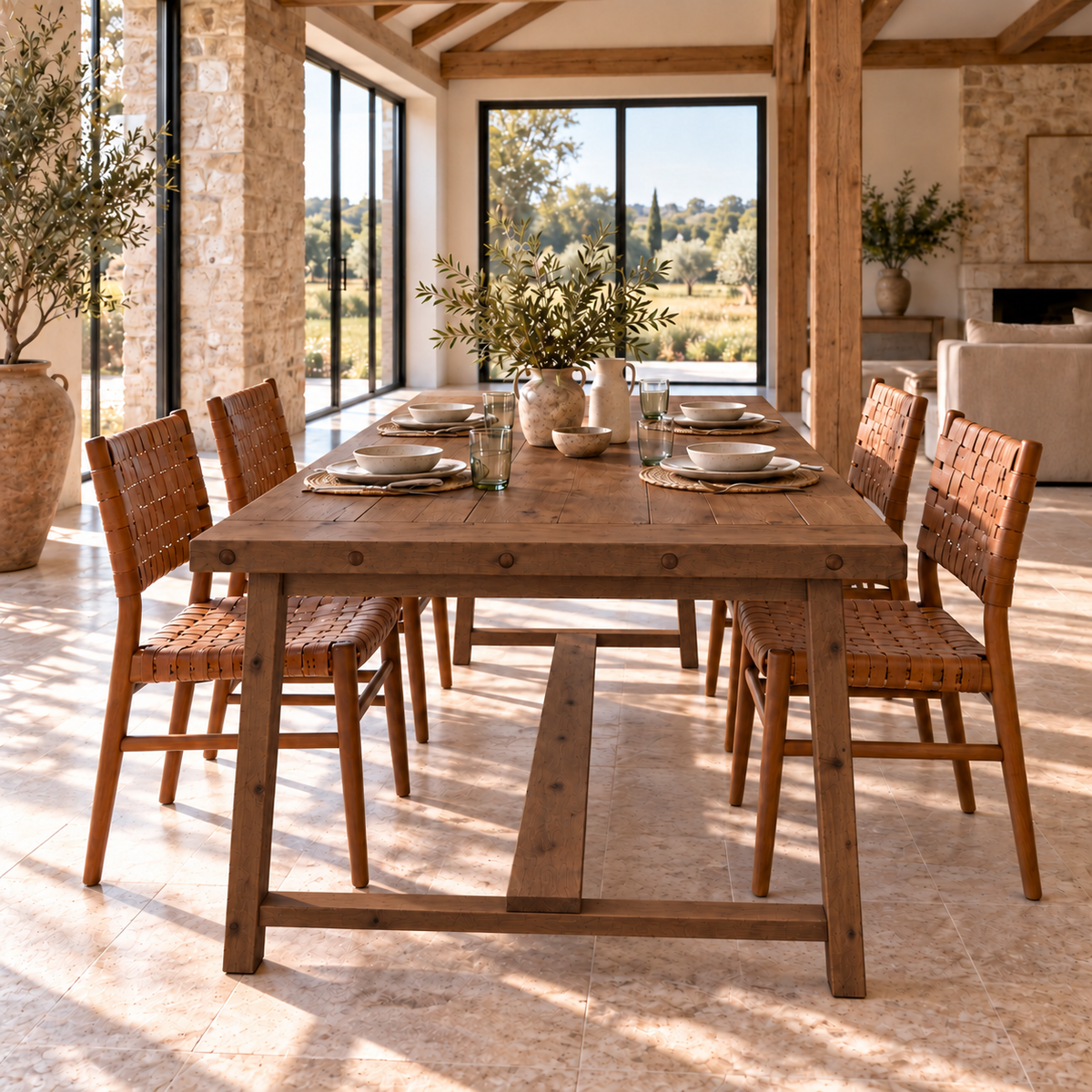HELENA Walnut Colour Solid Wood Rustic Dining Table With Wooden Legs