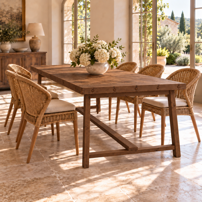 HELENA Walnut Colour Solid Wood Rustic Dining Table With Wooden Legs
