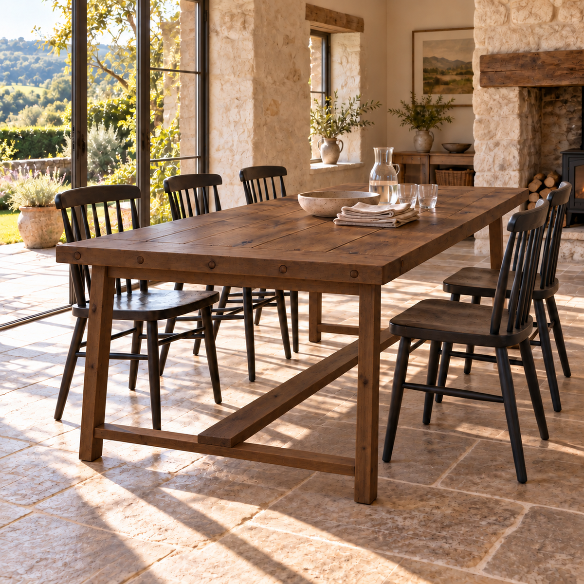 HELENA Walnut Colour Solid Wood Rustic Dining Table With Wooden Legs