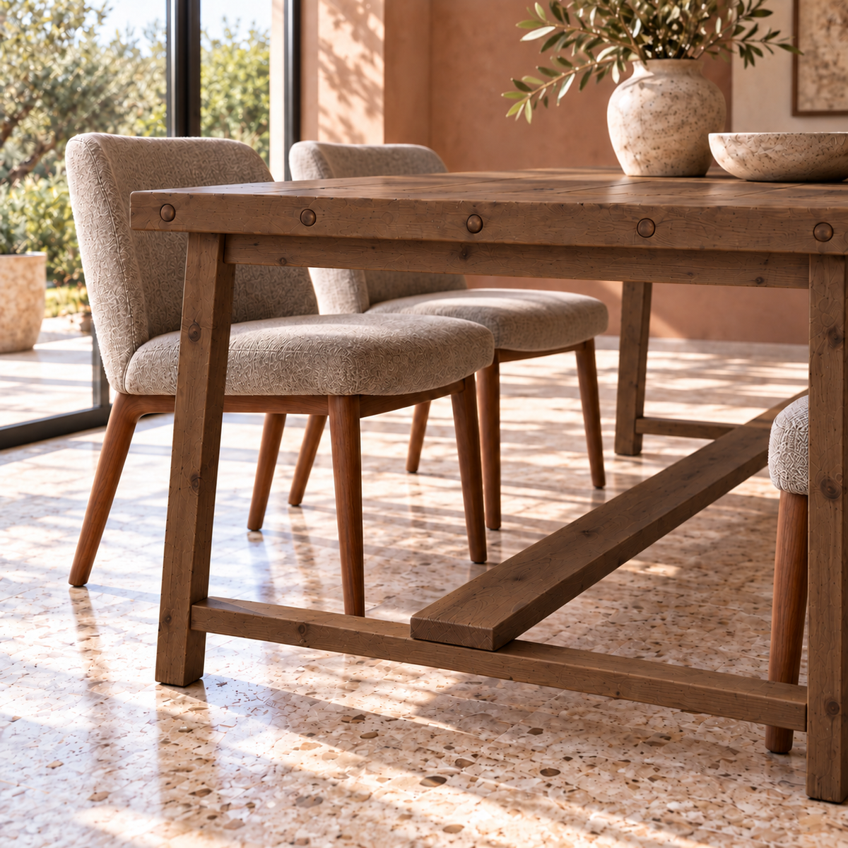 HELENA Walnut Colour Solid Wood Rustic Dining Table With Wooden Legs