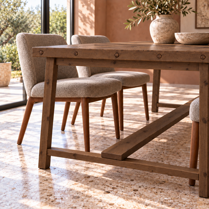 HELENA Walnut Colour Solid Wood Rustic Dining Table With Wooden Legs