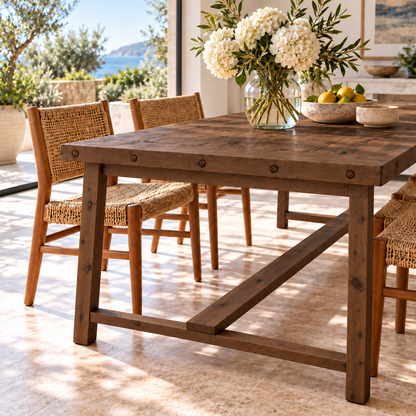 HELENA Walnut Colour Solid Wood Rustic Dining Table With Wooden Legs