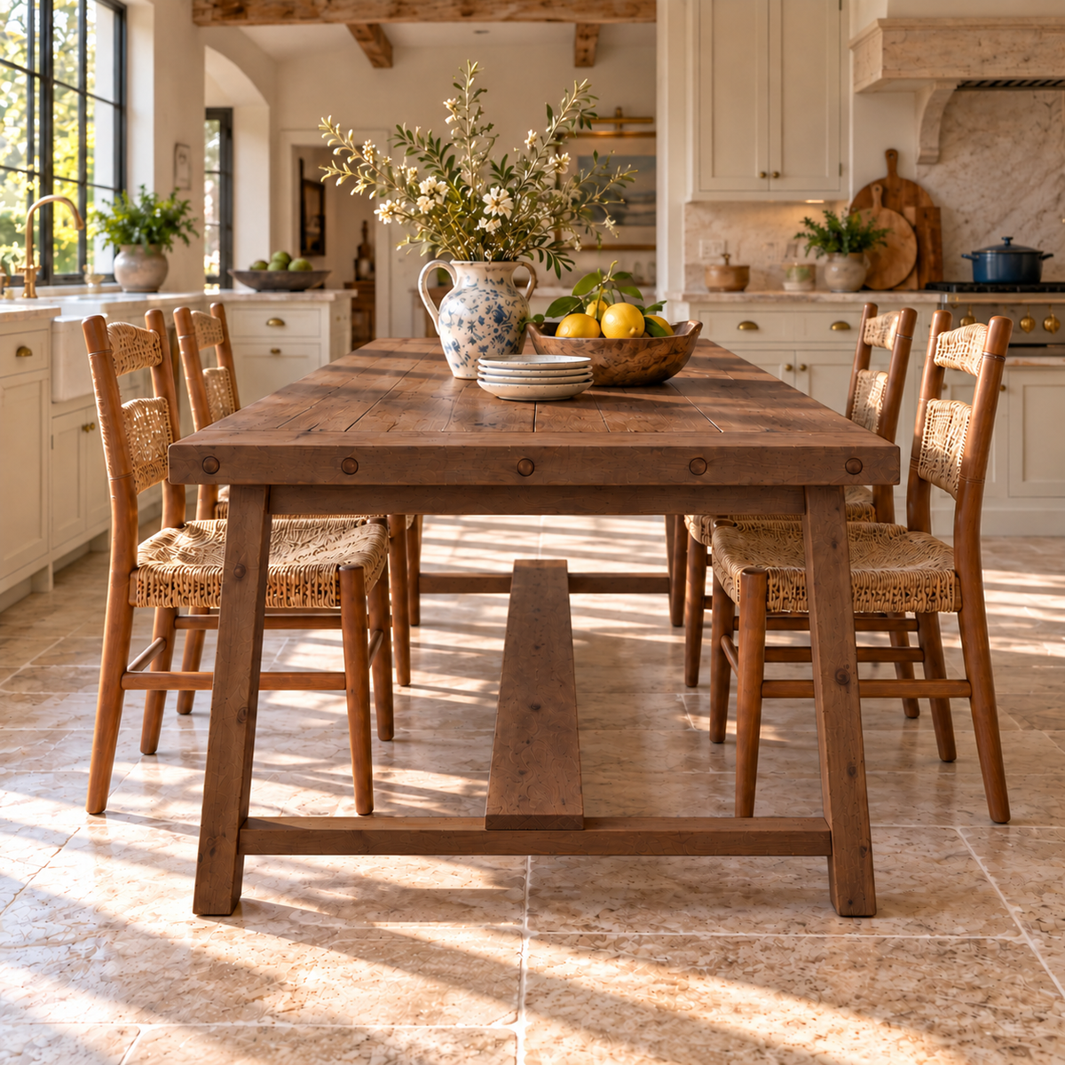 HELENA Walnut Colour Solid Wood Rustic Dining Table With Wooden Legs