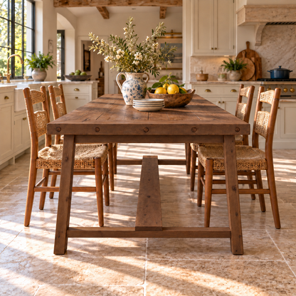 HELENA Walnut Colour Solid Wood Rustic Dining Table With Wooden Legs