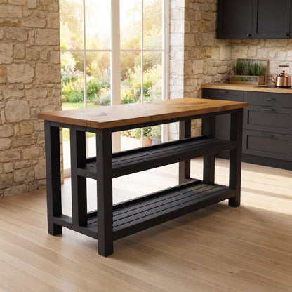 HIGHLAND Black Ebony Solid Wood Kitchen Island With Shelf / Breakfast Bar