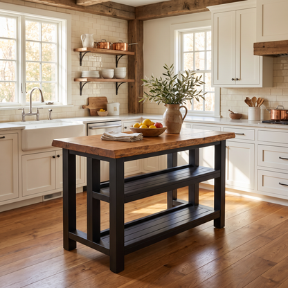 KINGSLEY Black Colour Live Edge Solid Wood Kitchen Island With Shelf / Breakfast Bar