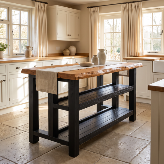 KINGSLEY Black Colour Live Edge Solid Wood Kitchen Island With Shelf / Breakfast Bar