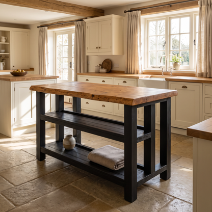 KINGSLEY Black Colour Live Edge Solid Wood Kitchen Island With Shelf / Breakfast Bar