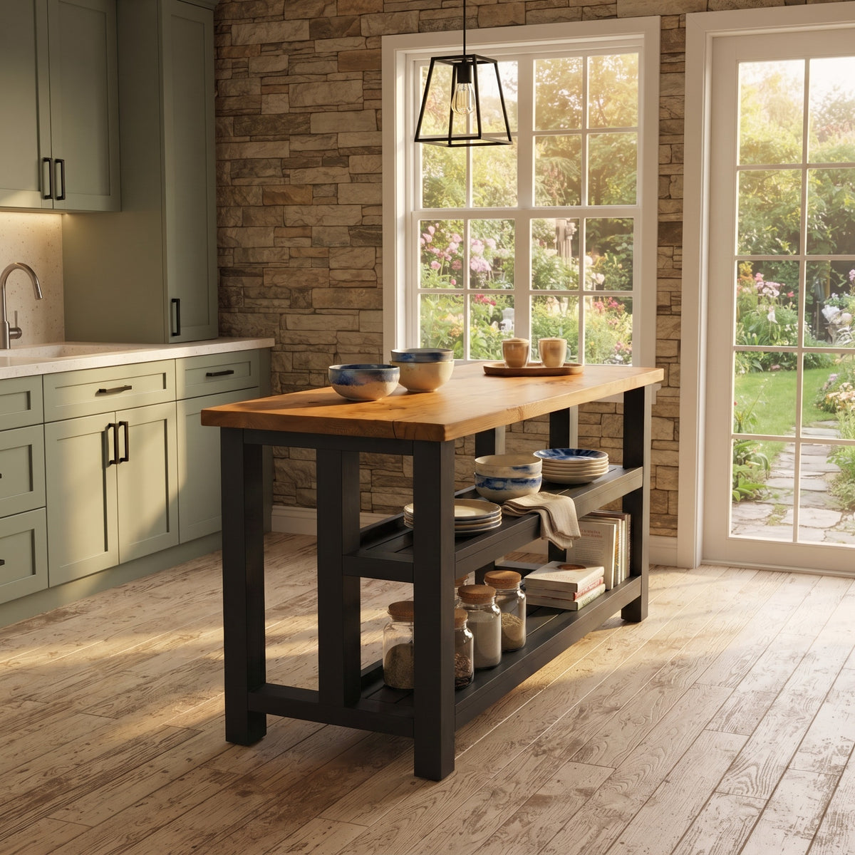 HIGHLAND Black Ebony Solid Wood Kitchen Island With Shelf / Breakfast Bar