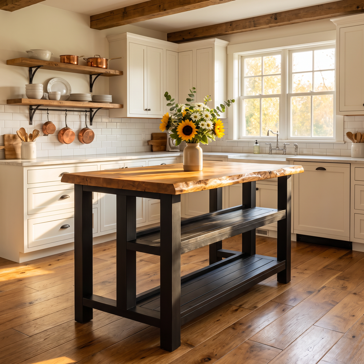 KINGSLEY Black Colour Live Edge Solid Wood Kitchen Island With Shelf / Breakfast Bar