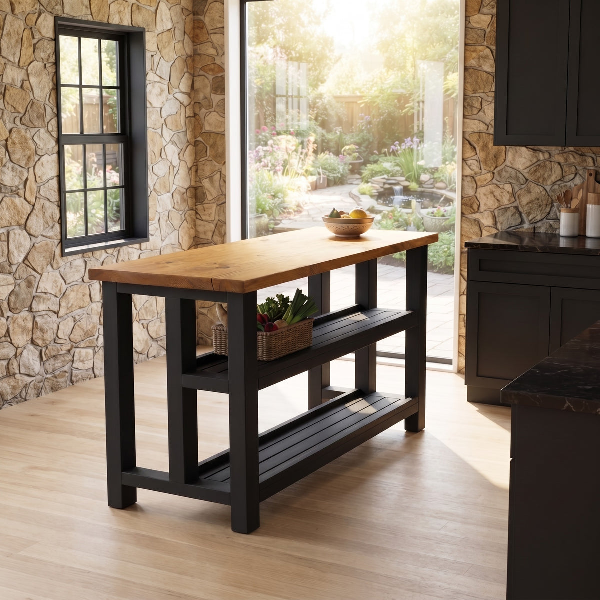 HIGHLAND Black Ebony Solid Wood Kitchen Island With Shelf / Breakfast Bar