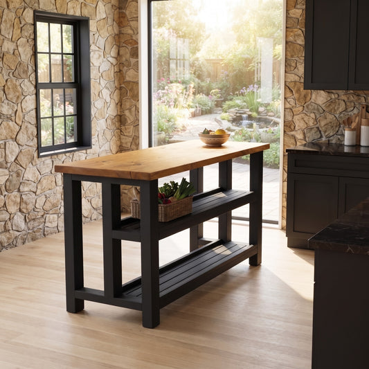 HIGHLAND Black Ebony Solid Wood Kitchen Island With Shelf / Breakfast Bar