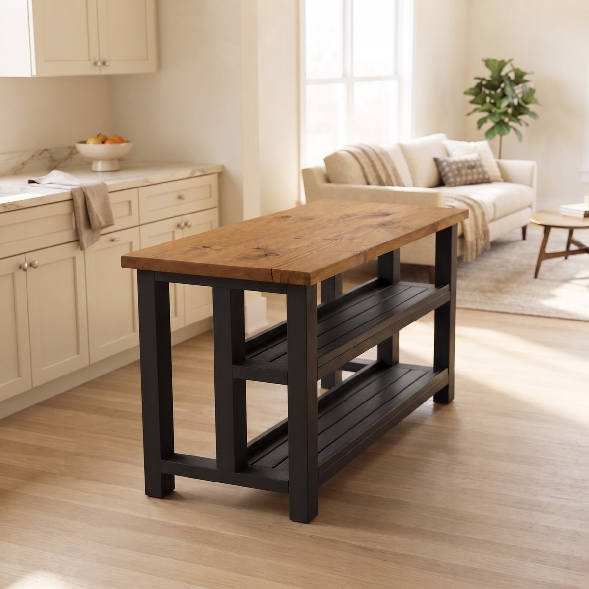 HIGHLAND Black Ebony Solid Wood Kitchen Island With Shelf / Breakfast Bar