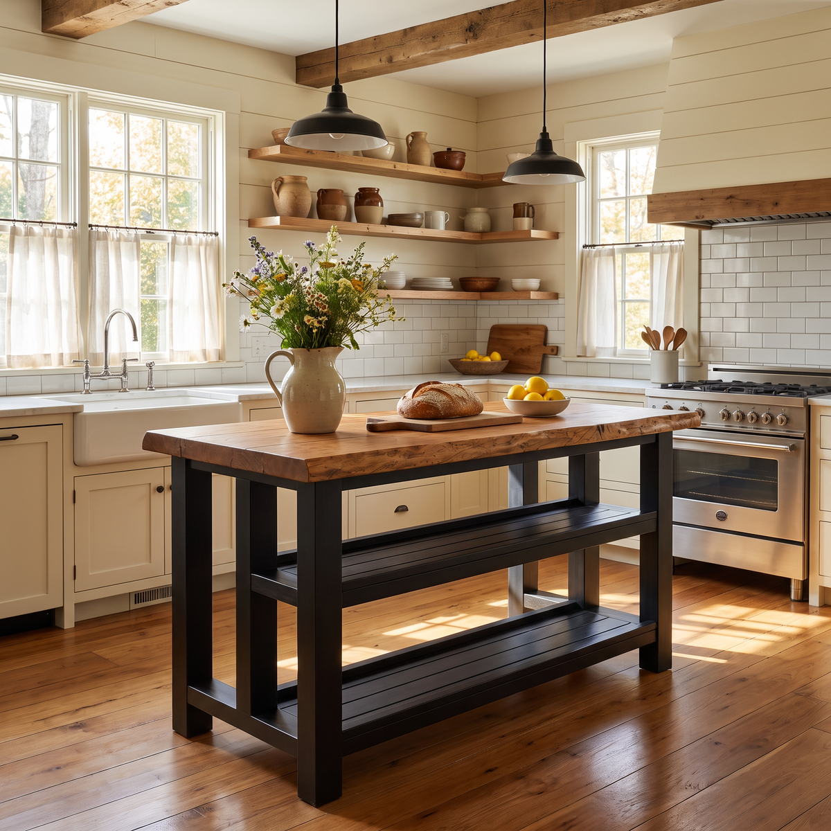 KINGSLEY Black Colour Live Edge Solid Wood Kitchen Island With Shelf / Breakfast Bar