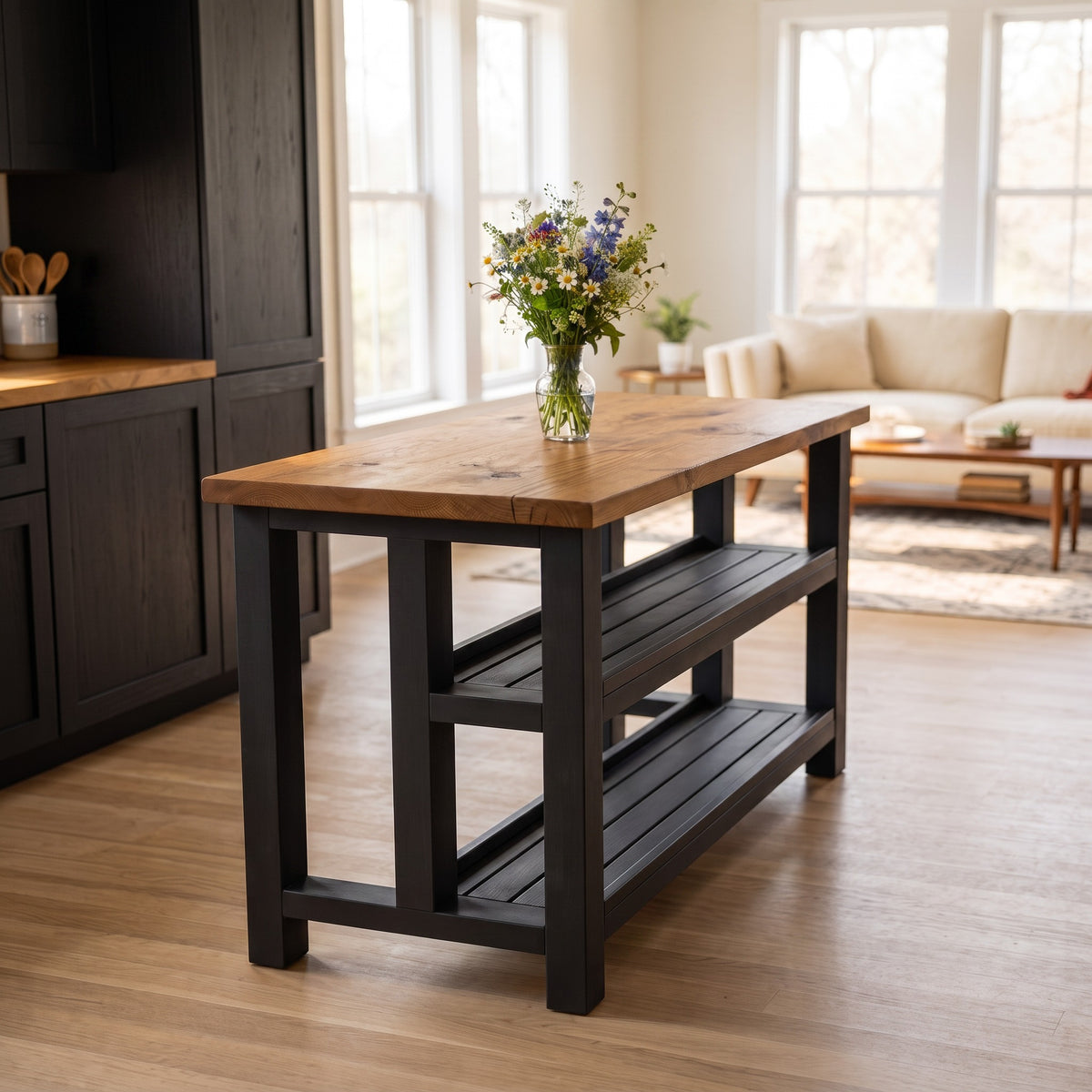 HIGHLAND Black Ebony Solid Wood Kitchen Island With Shelf / Breakfast Bar