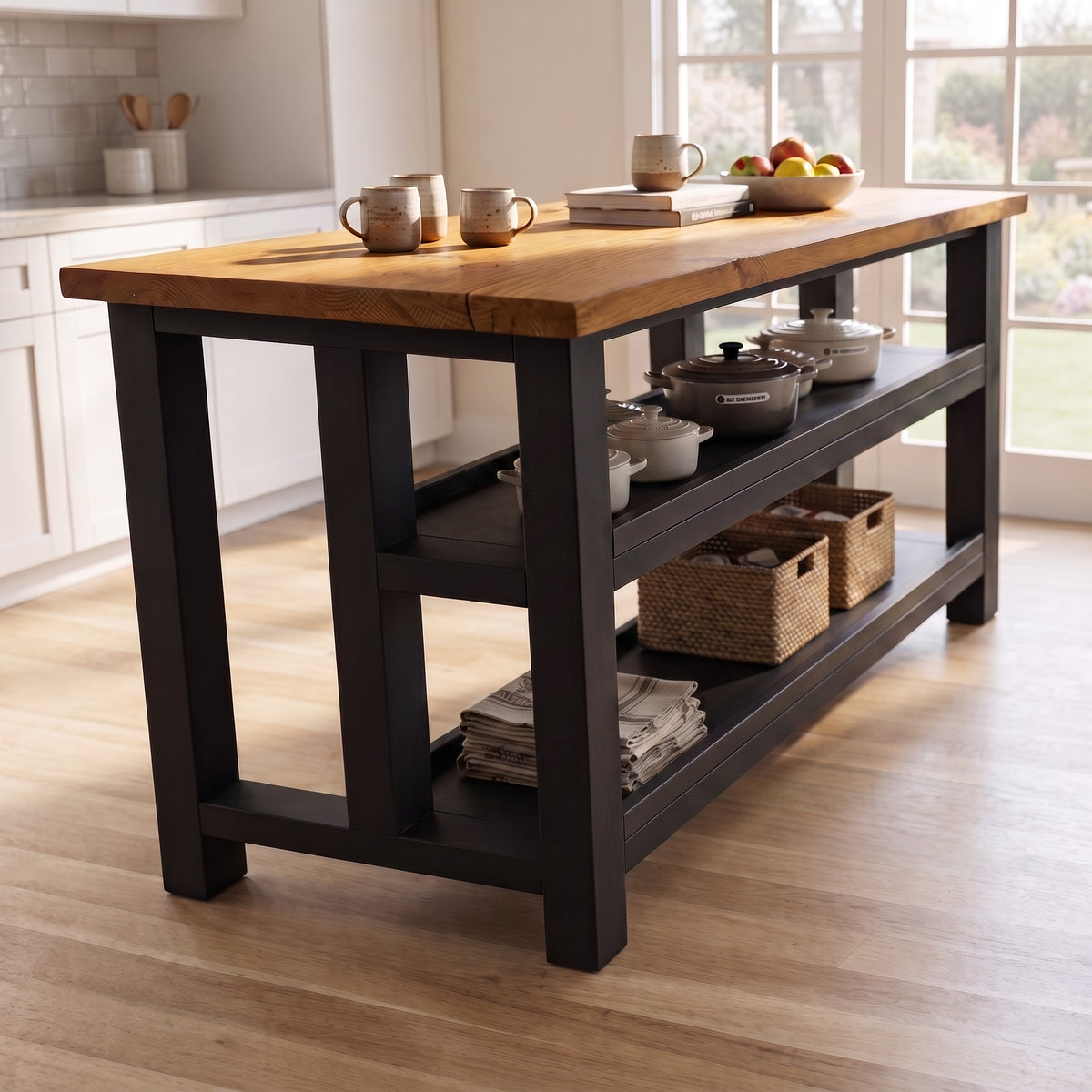 HIGHLAND Black Ebony Solid Wood Kitchen Island With Shelf / Breakfast Bar