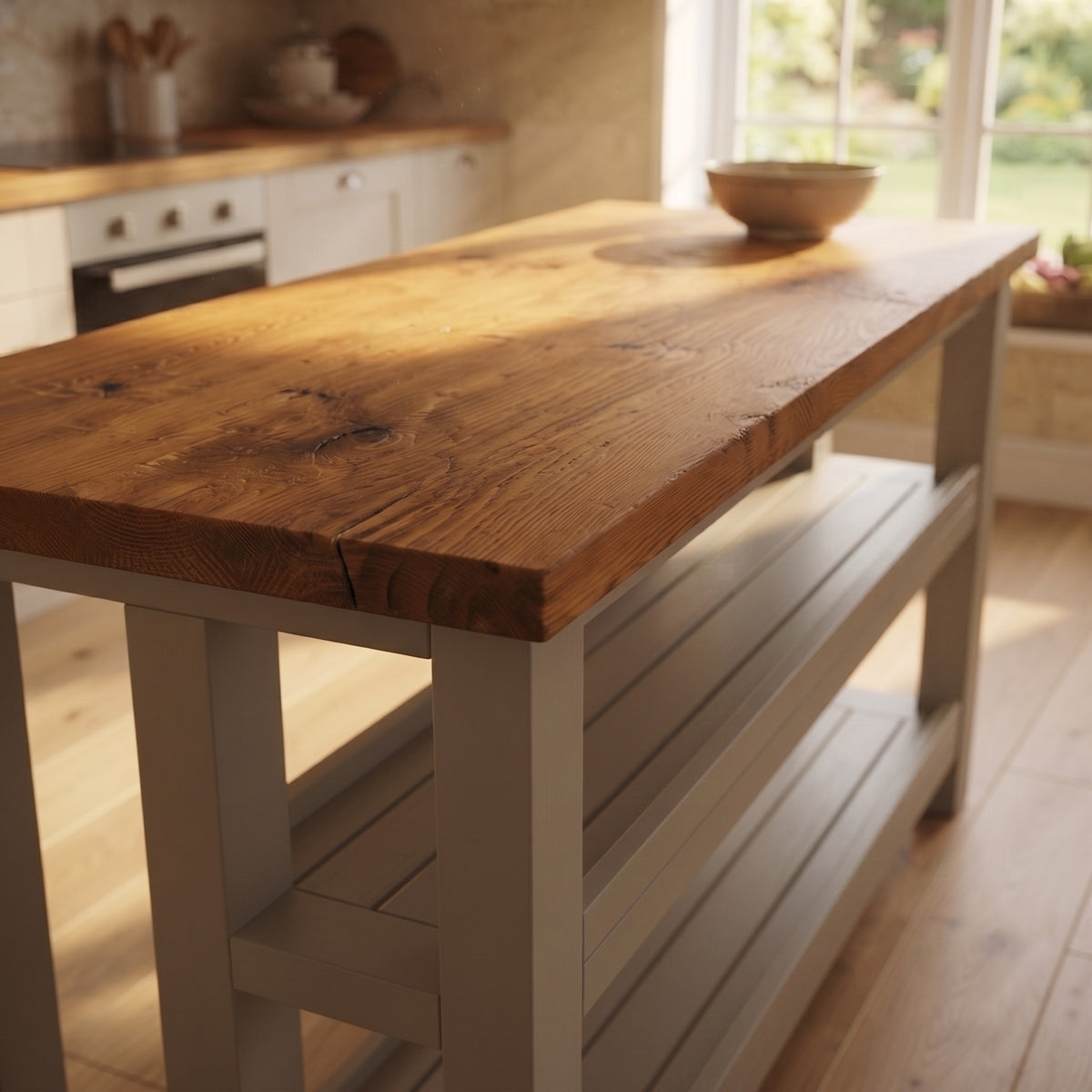 HIGHLAND Cashmere Colour Solid Wood Kitchen Island With Shelf / Breakfast Bar