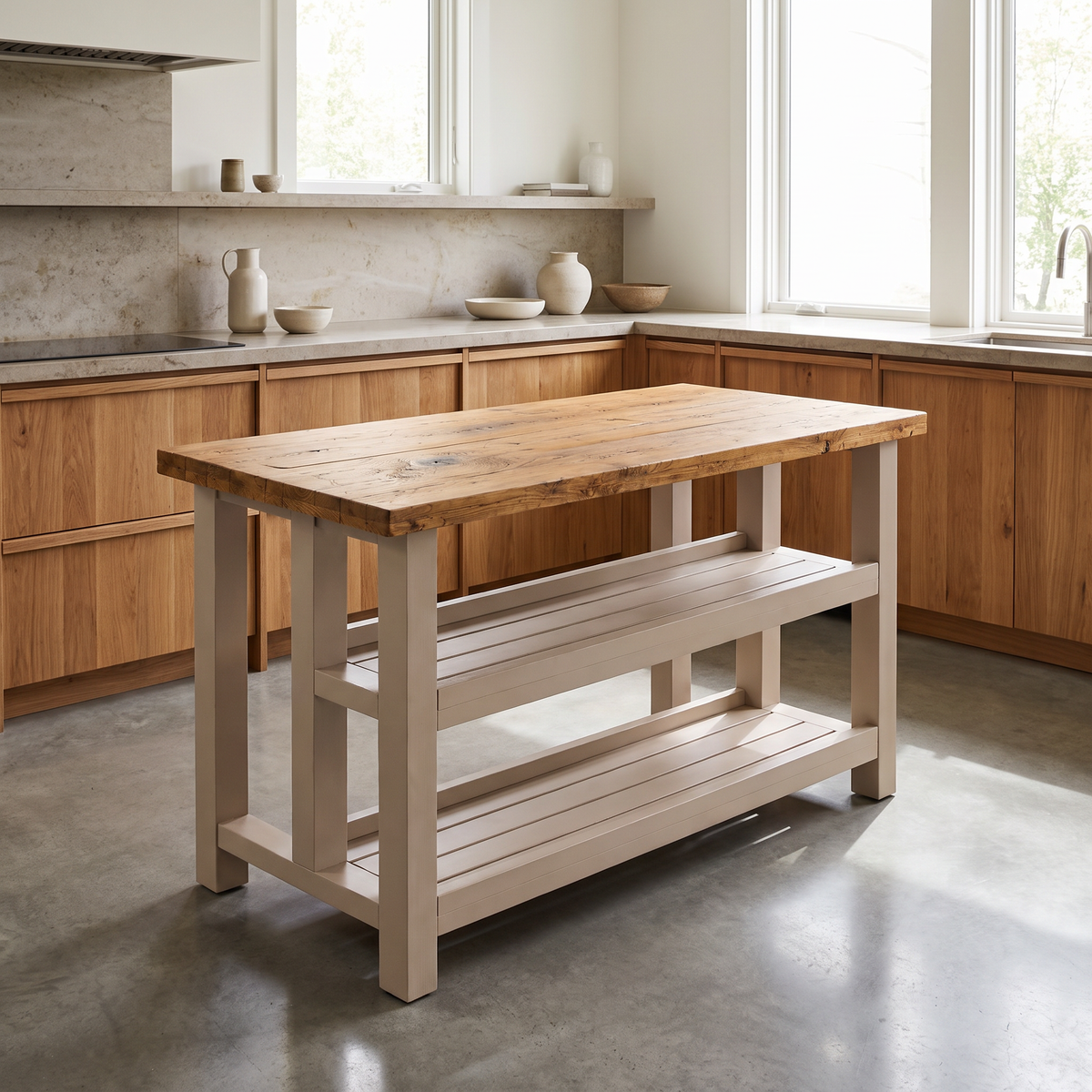HIGHLAND Cashmere Colour Solid Wood Kitchen Island With Shelf / Breakfast Bar