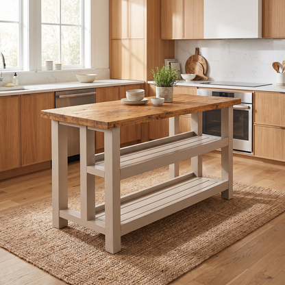 HIGHLAND Cashmere Colour Solid Wood Kitchen Island With Shelf / Breakfast Bar
