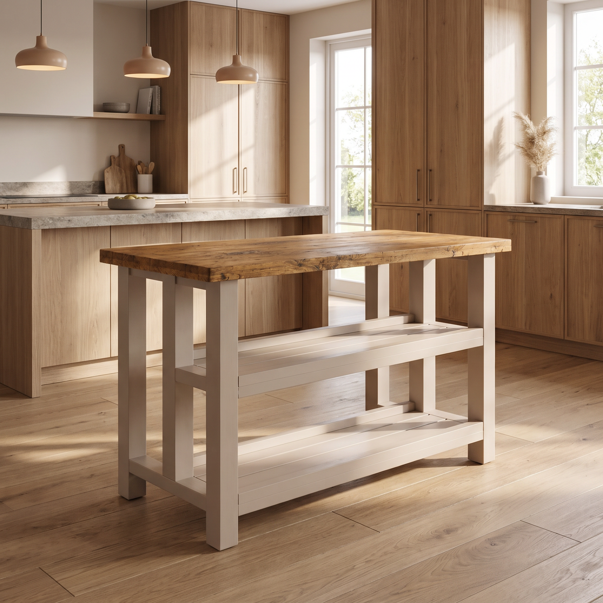 HIGHLAND Cashmere Colour Solid Wood Kitchen Island With Shelf / Breakfast Bar
