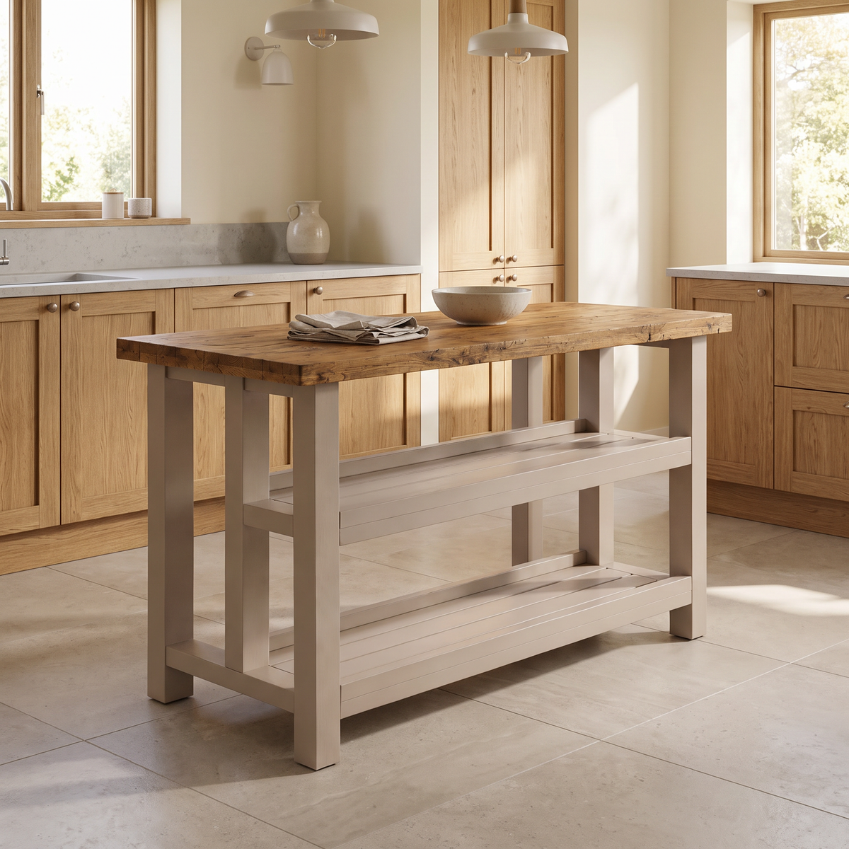 HIGHLAND Cashmere Colour Solid Wood Kitchen Island With Shelf / Breakfast Bar