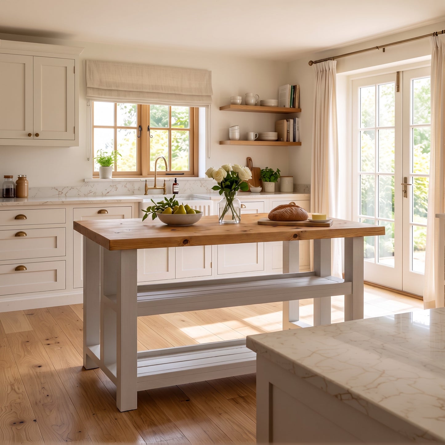 HIGHLAND Light Grey Solid Wood Kitchen Island With Shelf / Breakfast Bar