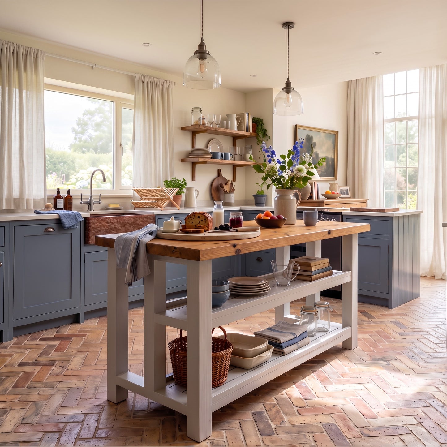 HIGHLAND Light Grey Solid Wood Kitchen Island With Shelf / Breakfast Bar