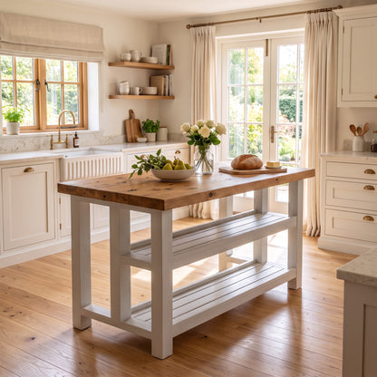 HIGHLAND Light Grey Solid Wood Kitchen Island With Shelf / Breakfast Bar