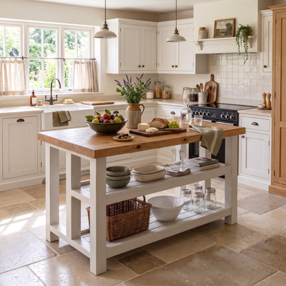 HIGHLAND Light Grey Solid Wood Kitchen Island With Shelf / Breakfast Bar