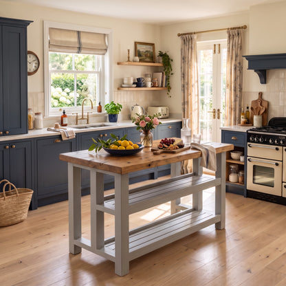HIGHLAND Light Grey Solid Wood Kitchen Island With Shelf / Breakfast Bar