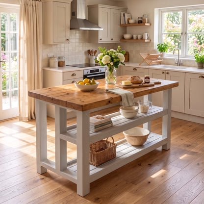 HIGHLAND Light Grey Solid Wood Kitchen Island With Shelf / Breakfast Bar