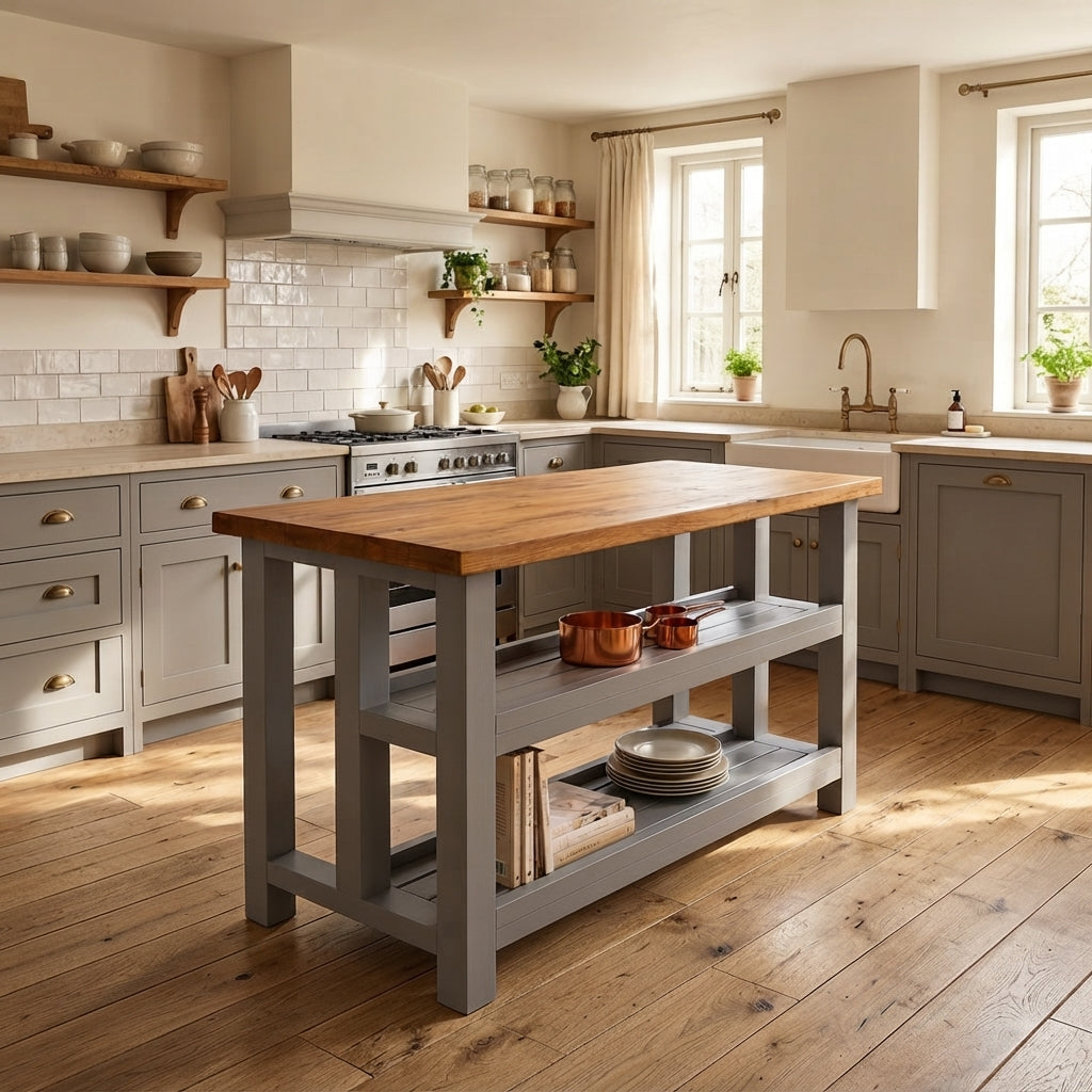 HIGHLAND Medium Grey Solid Wood Kitchen Island With Shelf / Breakfast Bar