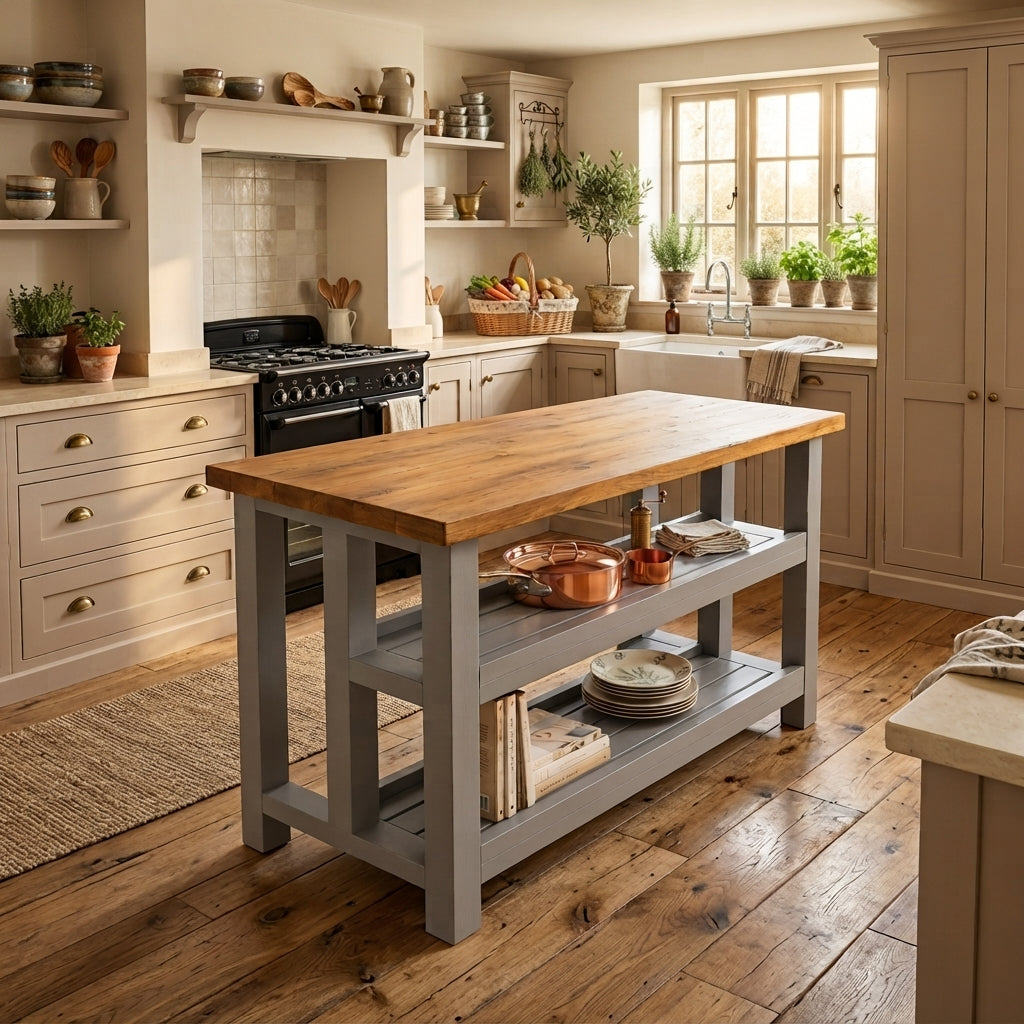 HIGHLAND Medium Grey Solid Wood Kitchen Island With Shelf / Breakfast Bar