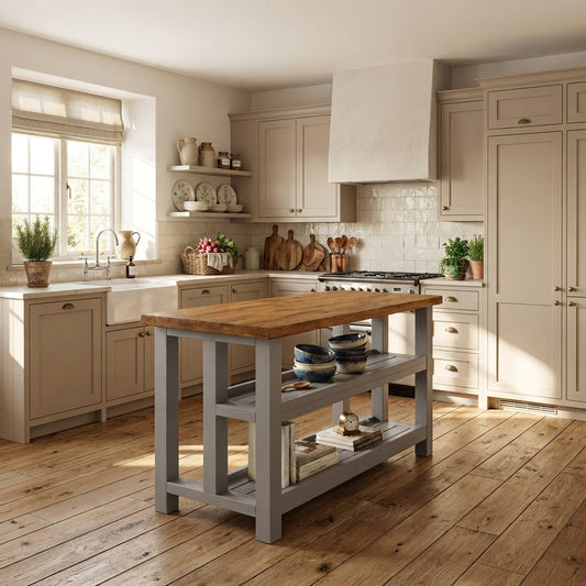 HIGHLAND Medium Grey Solid Wood Kitchen Island With Shelf / Breakfast Bar