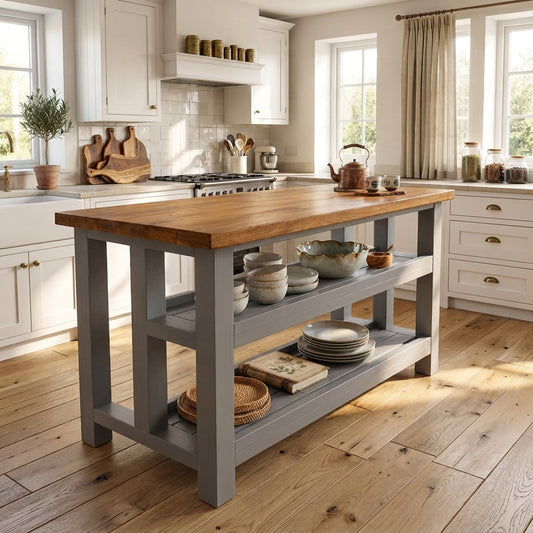 HIGHLAND Medium Grey Solid Wood Kitchen Island With Shelf / Breakfast Bar