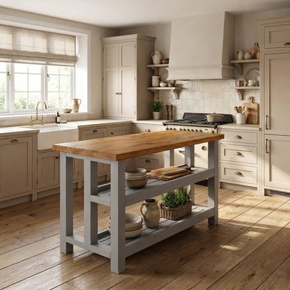 HIGHLAND Medium Grey Solid Wood Kitchen Island With Shelf / Breakfast Bar