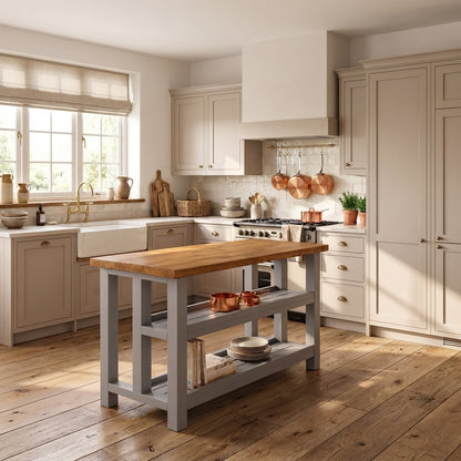 HIGHLAND Medium Grey Solid Wood Kitchen Island With Shelf / Breakfast Bar