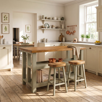 HIGHLAND Sage Green Solid Wood Kitchen Island With Shelf / Breakfast Bar