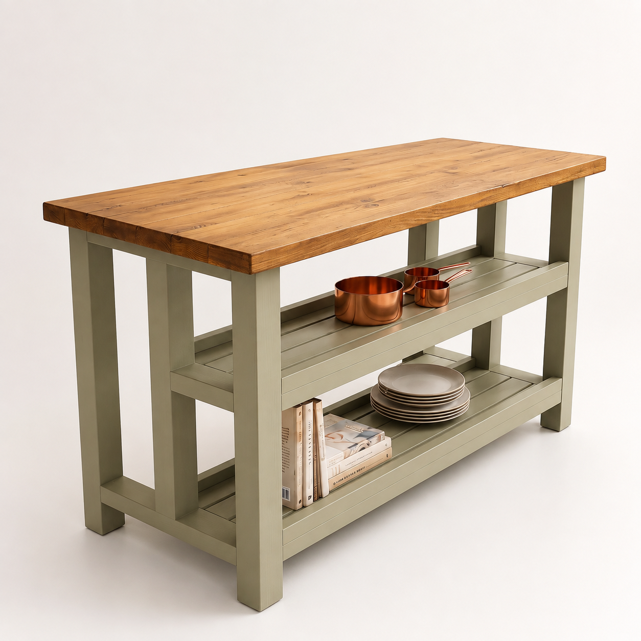 HIGHLAND Sage Green Solid Wood Kitchen Island With Shelf / Breakfast Bar