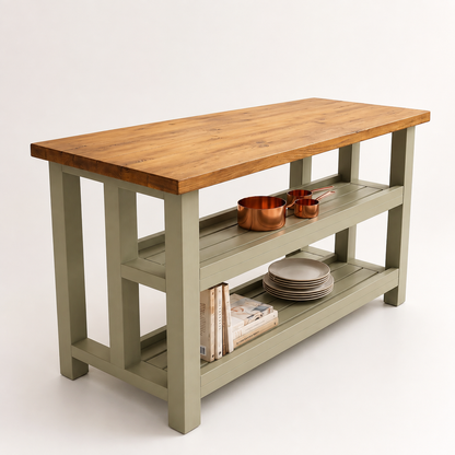 HIGHLAND Sage Green Solid Wood Kitchen Island With Shelf / Breakfast Bar