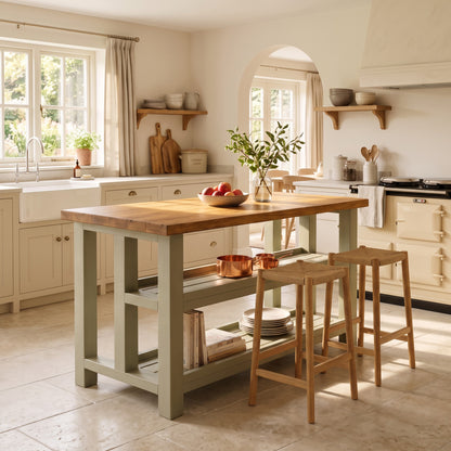 HIGHLAND Sage Green Solid Wood Kitchen Island With Shelf / Breakfast Bar