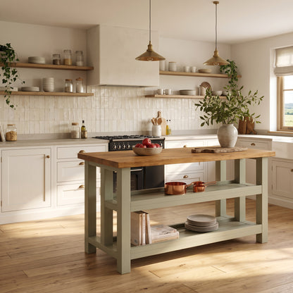 HIGHLAND Sage Green Solid Wood Kitchen Island With Shelf / Breakfast Bar