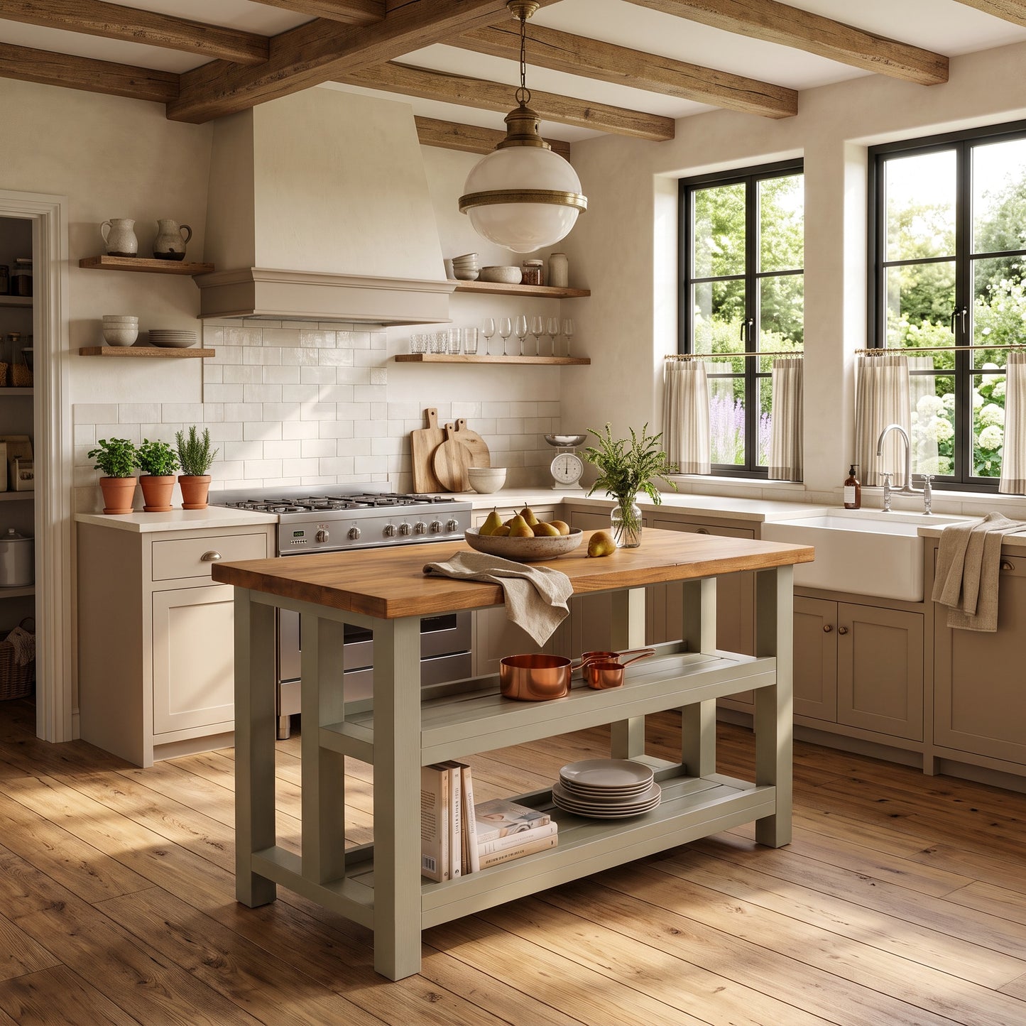 HIGHLAND Sage Green Solid Wood Kitchen Island With Shelf / Breakfast Bar