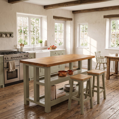 HIGHLAND Sage Green Solid Wood Kitchen Island With Shelf / Breakfast Bar
