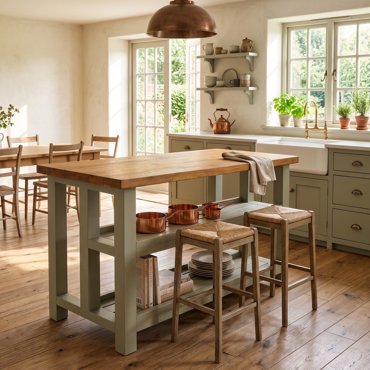 HIGHLAND Sage Green Solid Wood Kitchen Island With Shelf / Breakfast Bar