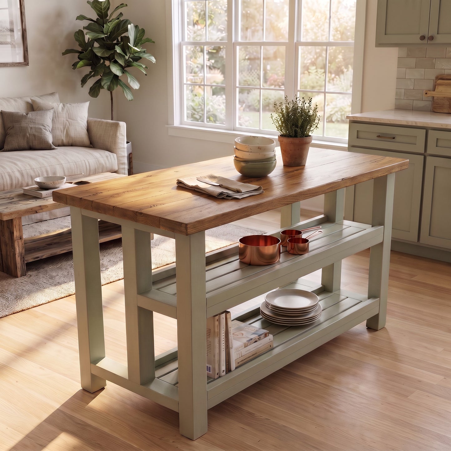 HIGHLAND Sage Green Solid Wood Kitchen Island With Shelf / Breakfast Bar