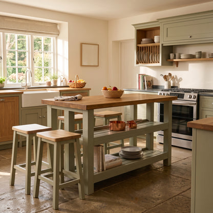 HIGHLAND Sage Green Solid Wood Kitchen Island With Shelf / Breakfast Bar