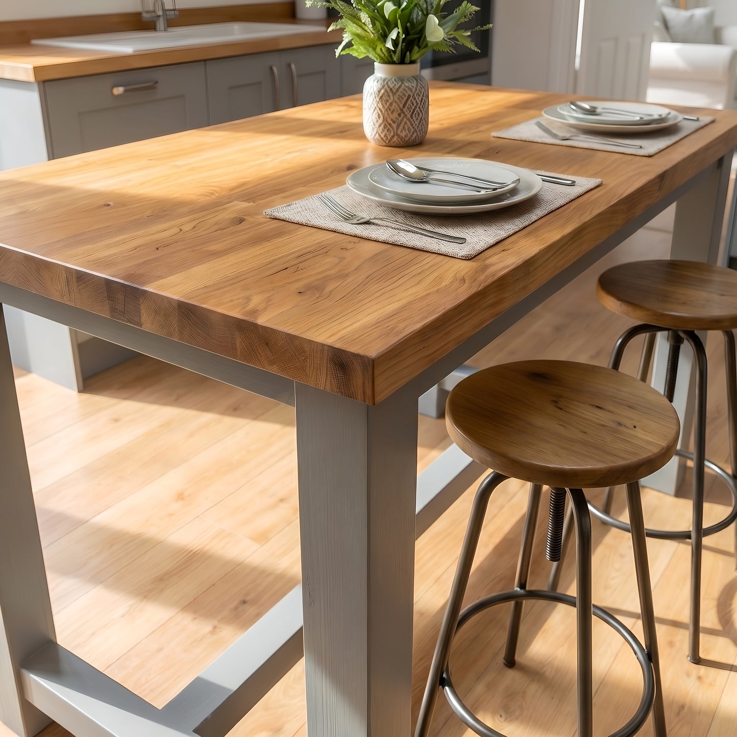 HUXLEY Solid Oak Top Kitchen Island / Breakfast Bar / Grey Painted