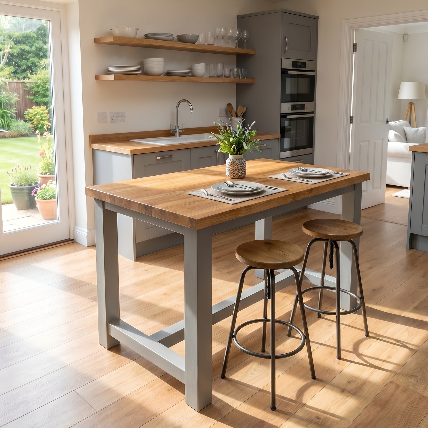 HUXLEY Solid Oak Top Kitchen Island / Breakfast Bar / Grey Painted